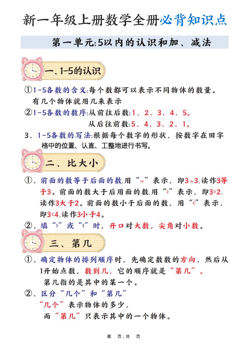 新一上数学全册必背知识点笔记（8页）