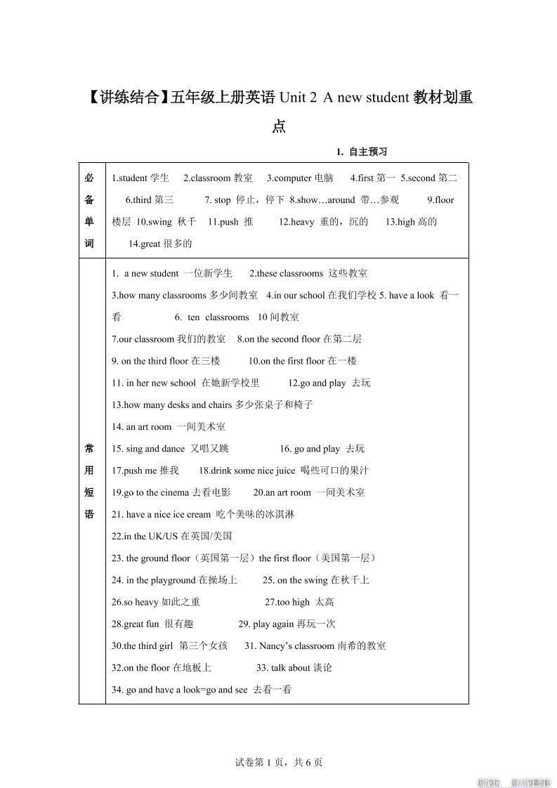 【单元热点难点】译林版（三起）英语五年级上册Unit2Anewstudent教材划重点