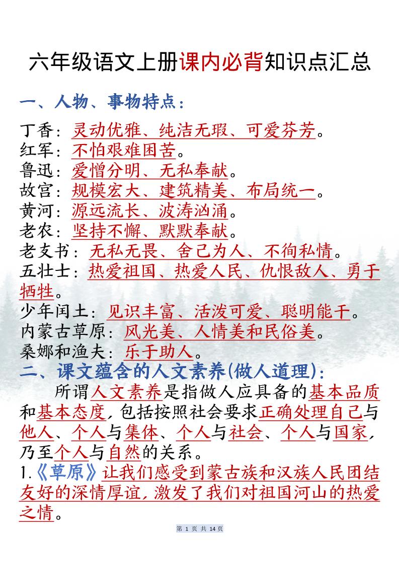 六上语文课内必背知识点汇总（共14页）